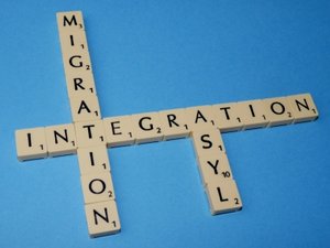 Das Bild zeigt ein Scrabble Bild mit den Wörtern Migration, Integration, Asyl.