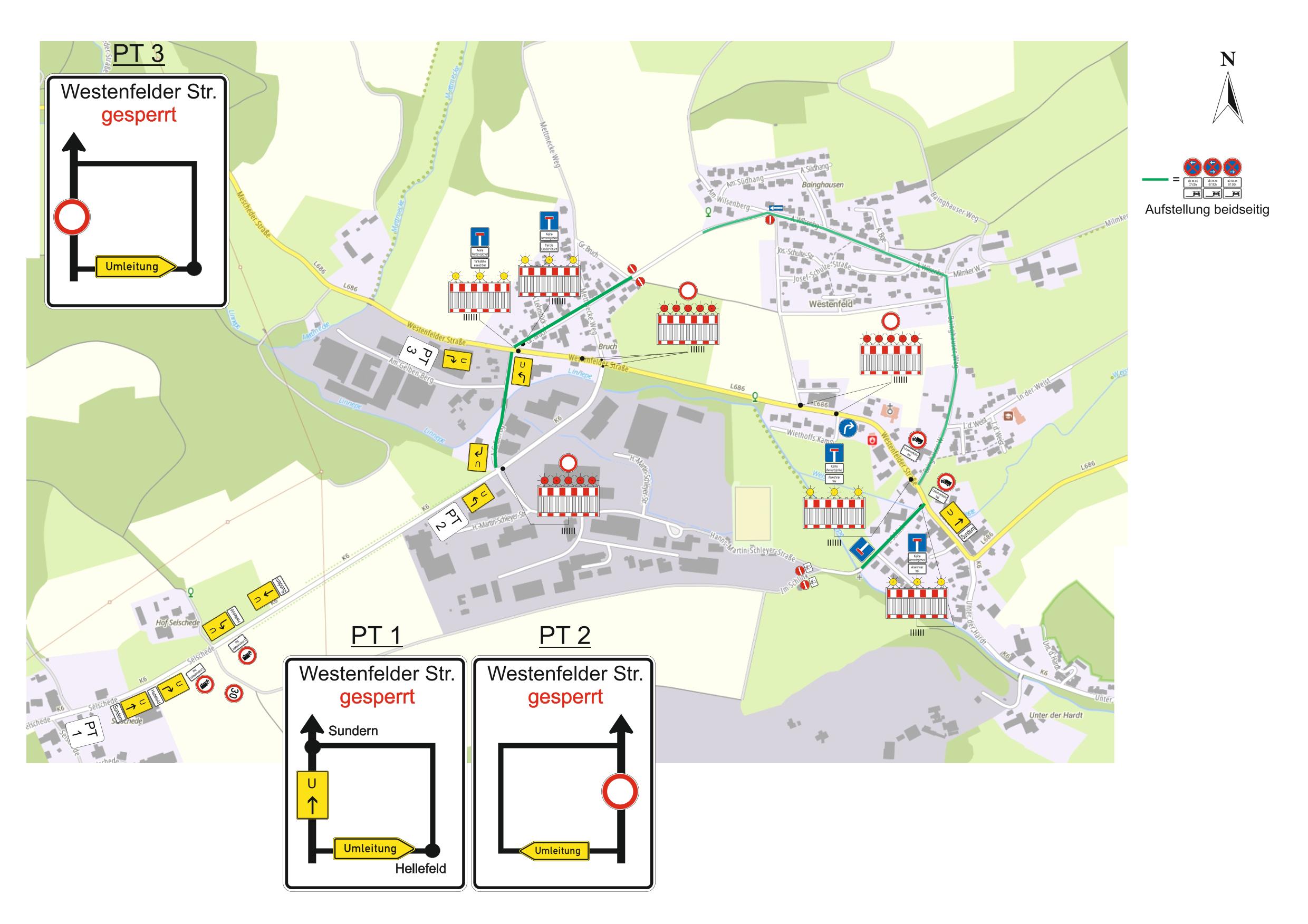 Umleitung des PKW-Verkehrs während des 3. Bauabschnittes in der Ortsdurchfahrt Westenfeld
